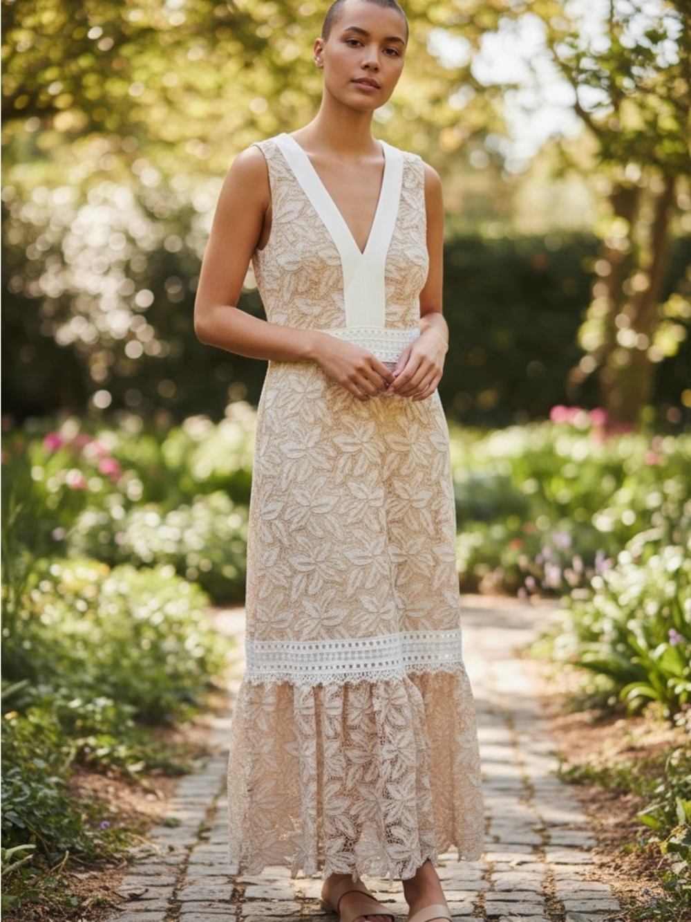 Tahari Cream Lace V-Neck Maxi Dress
